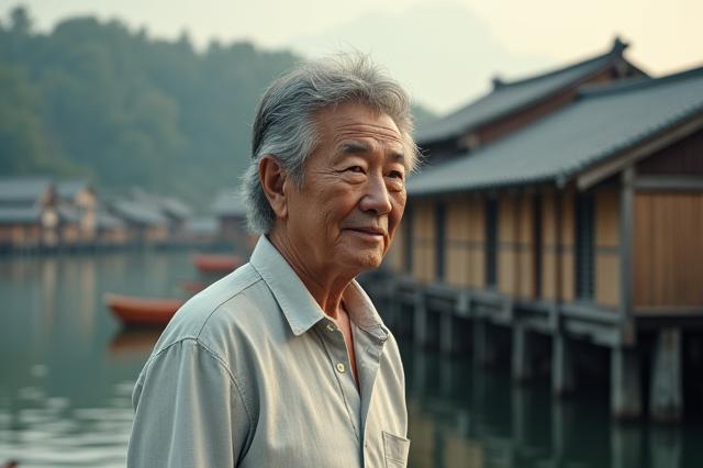 創設者と伝統的な日本の漁村の風景