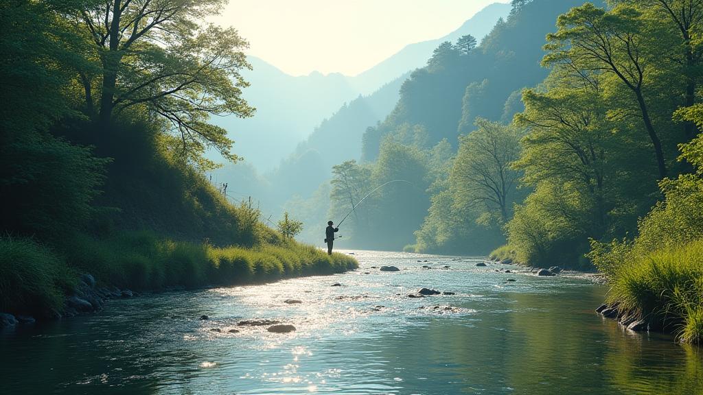 日本の美しい渓流でのフライフィッシングの風景